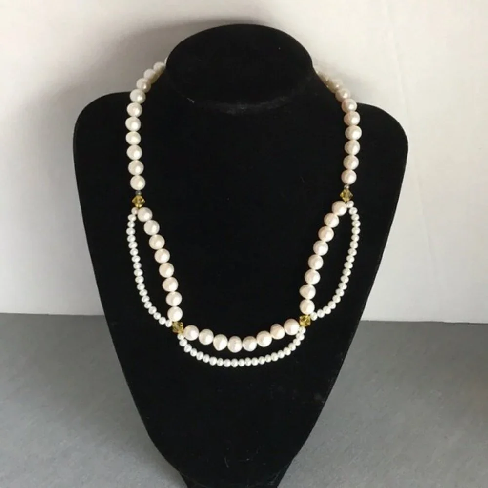 Vintage Handmade Pearl Swag Necklace Swarovski Crystals Approx 17 Inch
